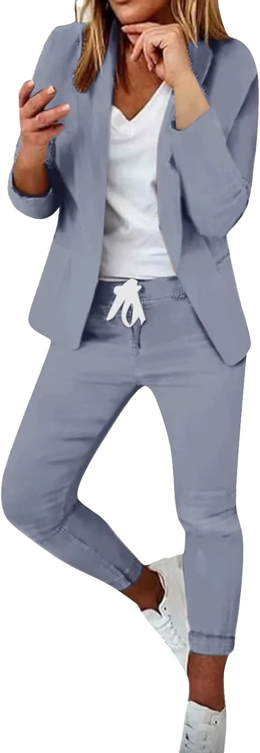 2 Piece Set for Women Office Business Suit Trousers 2 Piece Suit Slim Fit Half Sleeve Suit Long Pants Two Piece Set