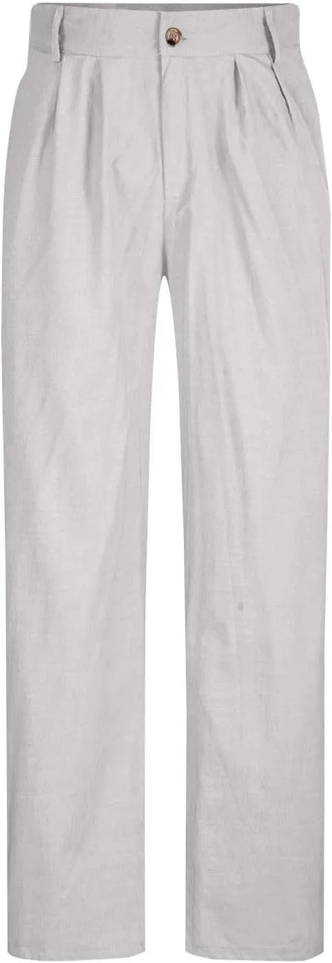 2025 Trendy Cotton Linen Pants Men Straight Leg Pleated Work Dress Pants Relaxed Fit Lightweight Summer Beach