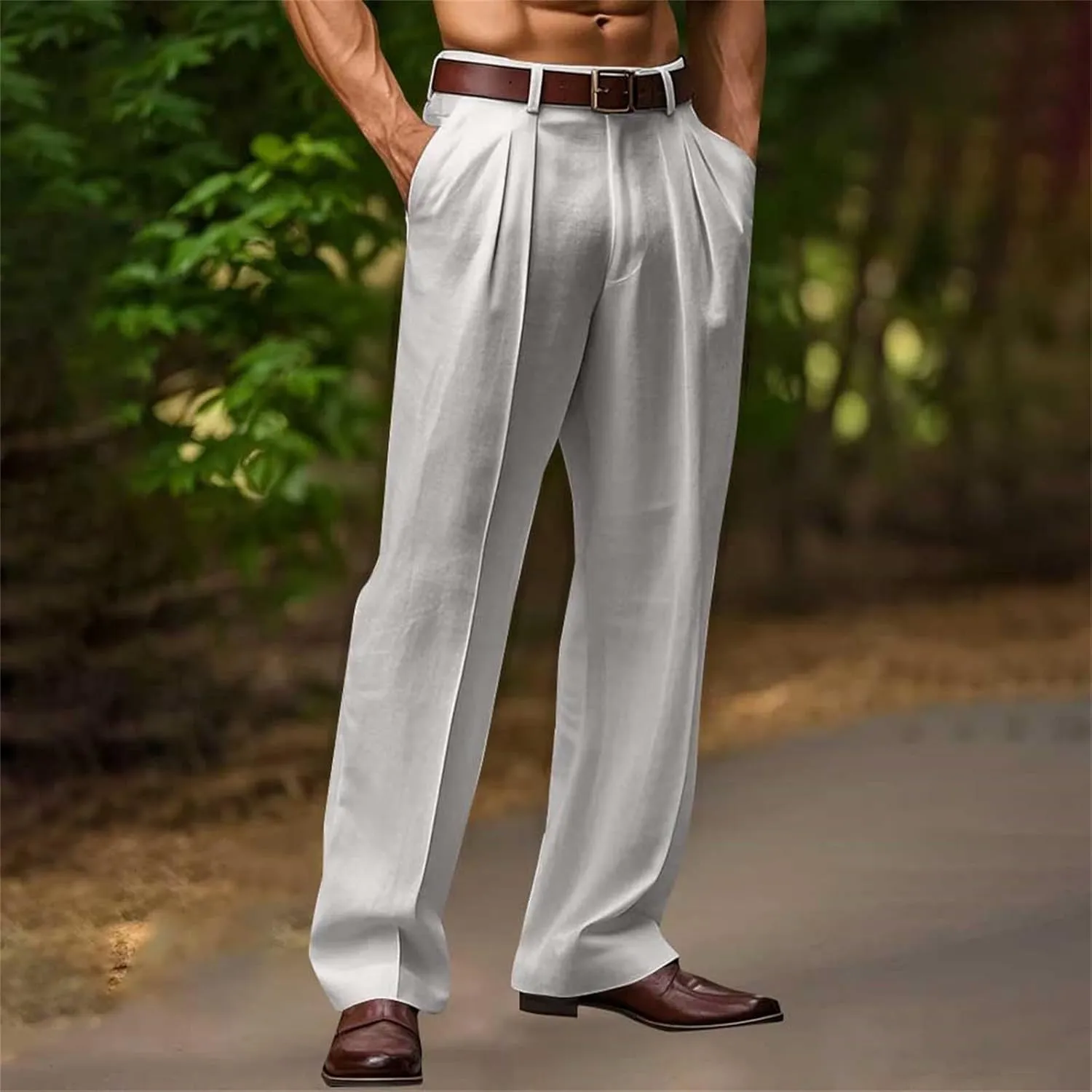 2025 Trendy Cotton Linen Pants Men Straight Leg Pleated Work Dress Pants Relaxed Fit Lightweight Summer Beach