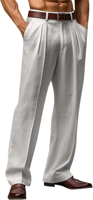 2025 Trendy Cotton Linen Pants Men Straight Leg Pleated Work Dress Pants Relaxed Fit Lightweight Summer Beach