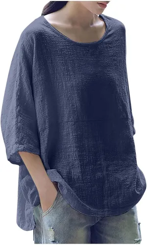 3/4 Sleeve Tops for Women Summer Blouses for Women Fashion 2022 Cotton Linen Shirts Plus Size Tshirts Casual Loose Fit Tops