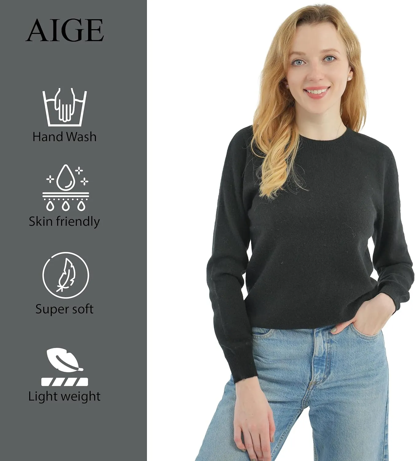 AIGE Women's Crew-Neck Oversized Fall Winter Warm 100% Pure Wool Long Warm Soft Pullover Sweater Tops Best for Winters