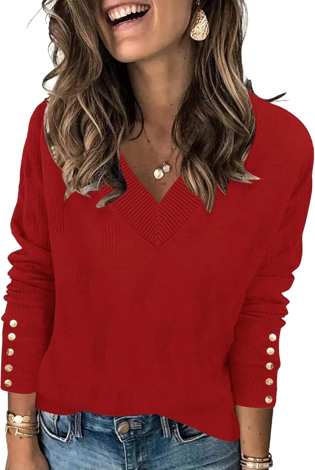 AKEWEI Womens V Neck Sweaters Long Sleeve Lightweight Knit Pullover Tops with Decorative Buttons