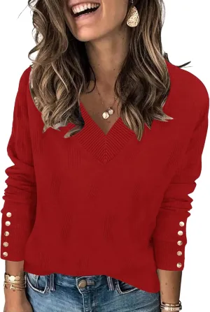 AKEWEI Womens V Neck Sweaters Long Sleeve Lightweight Knit Pullover Tops with Decorative Buttons