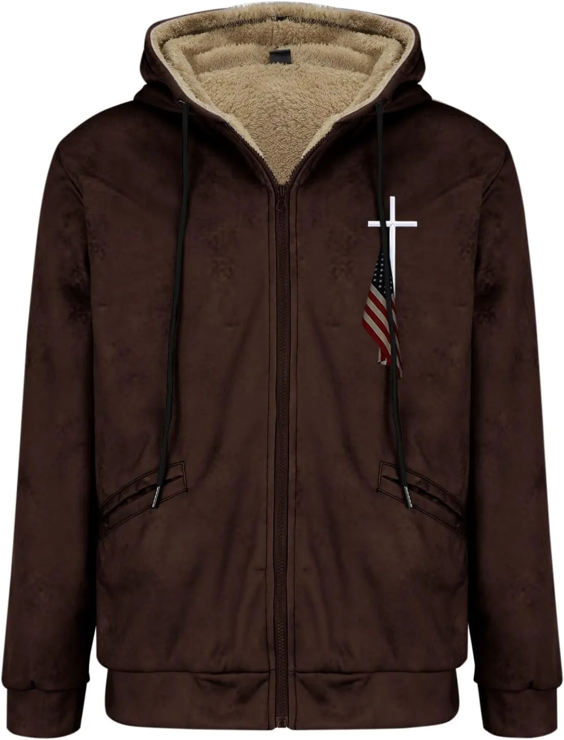 American Flag Print Fleece Winter Jackets Oversize Sherpa Lined Full Zip Up Hoodies Plus Size Warm Western Retro Coats
