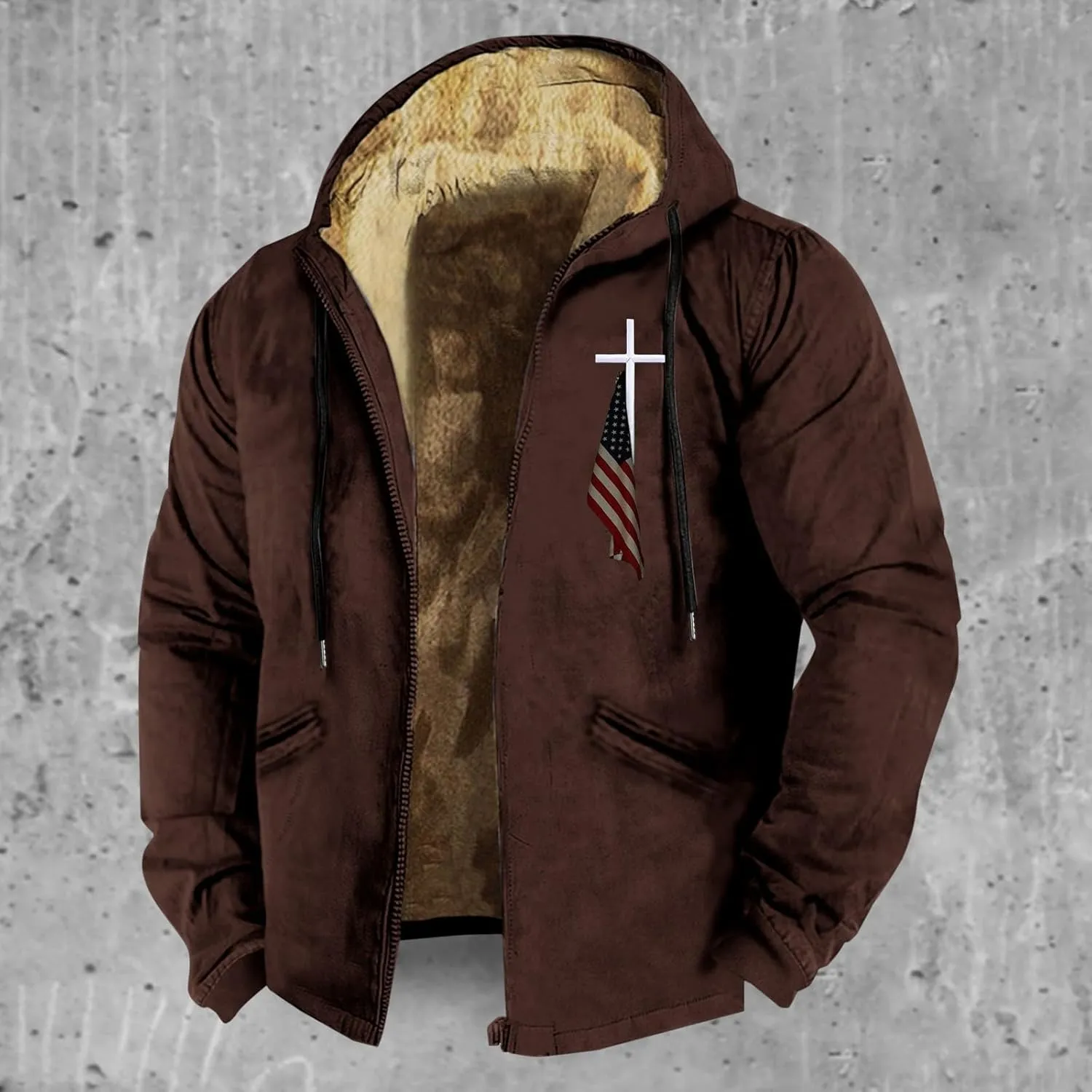 American Flag Print Fleece Winter Jackets Oversize Sherpa Lined Full Zip Up Hoodies Plus Size Warm Western Retro Coats
