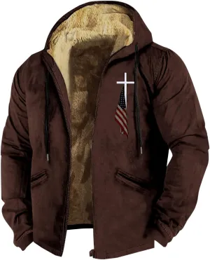 American Flag Print Fleece Winter Jackets Oversize Sherpa Lined Full Zip Up Hoodies Plus Size Warm Western Retro Coats