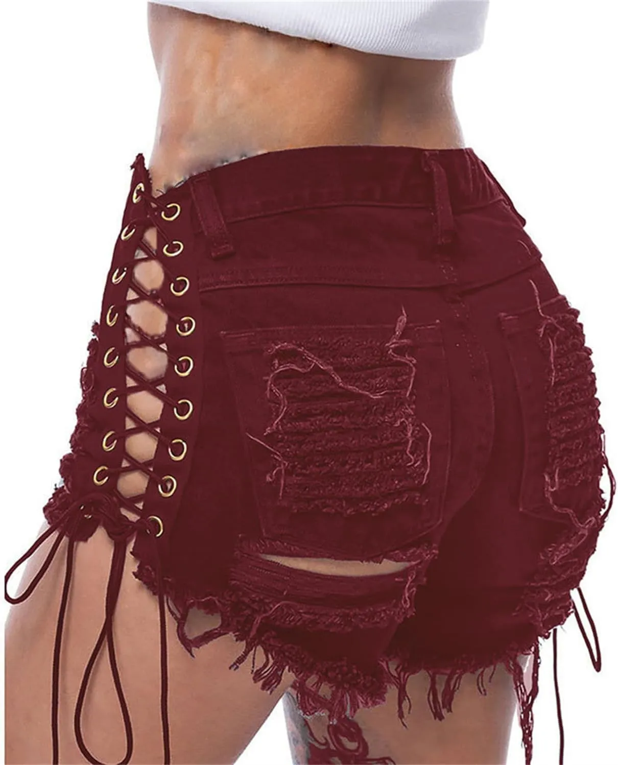 Andongnywell Frayed Ripped Mini Denim Shorts Women Sexy Low Rise Hot Pants High Cut Jean Shorts Bandage Clubwear Booty Shorts