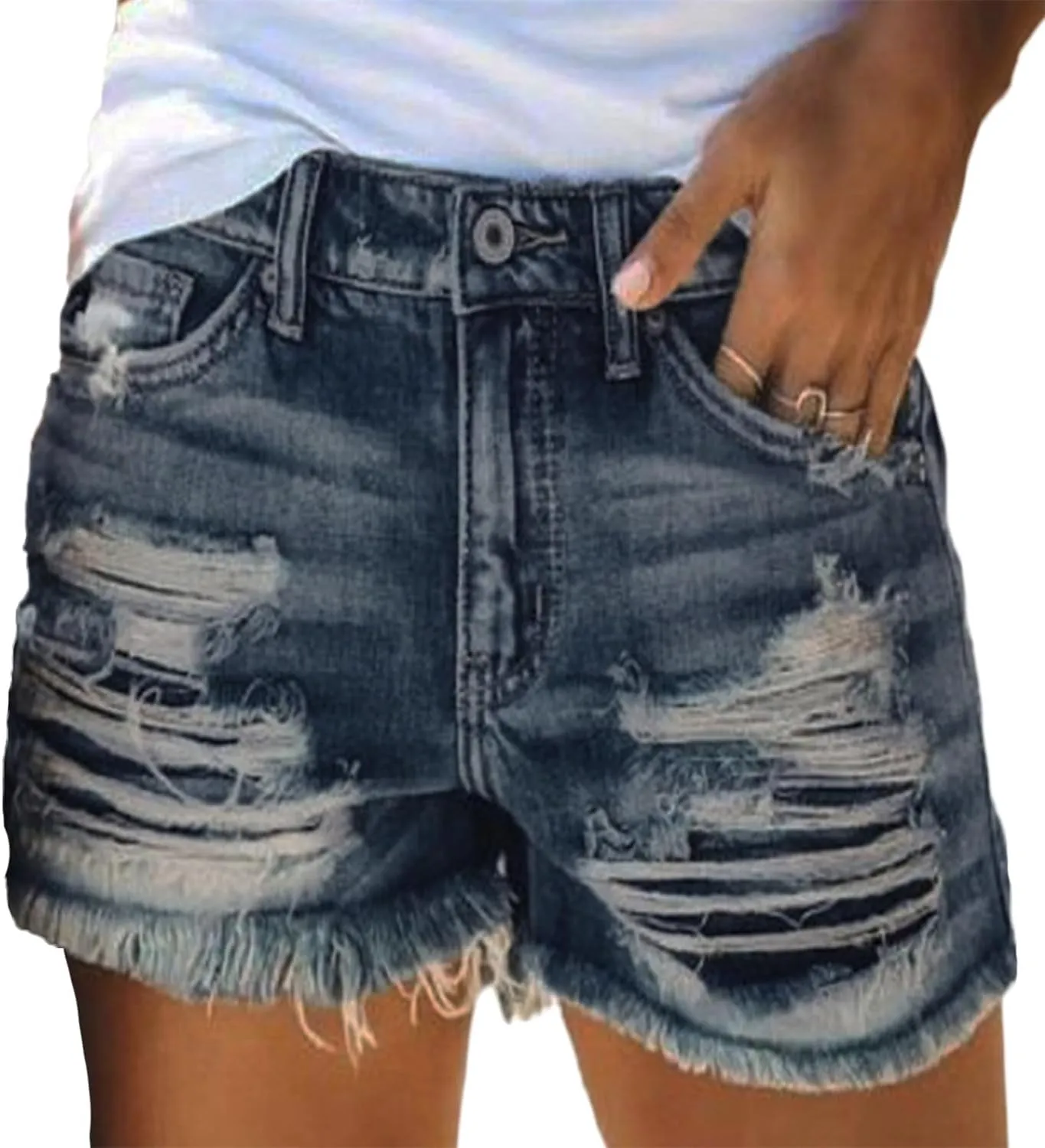 Andongnywell Jean Shorts for Women High Waisted Summer Casual Distressed Stretchy Denim Long Shorts Ripped Raw Hem Shorts
