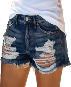 Andongnywell Jean Shorts for Women High Waisted Summer Casual Distressed Stretchy Denim Long Shorts Ripped Raw Hem Shorts