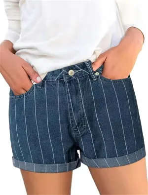 Andongnywell Vintage Striped Jean Shorts for Women High Waisted Juniors Stretchy Casual Denim Jeans Shorts Hotpants