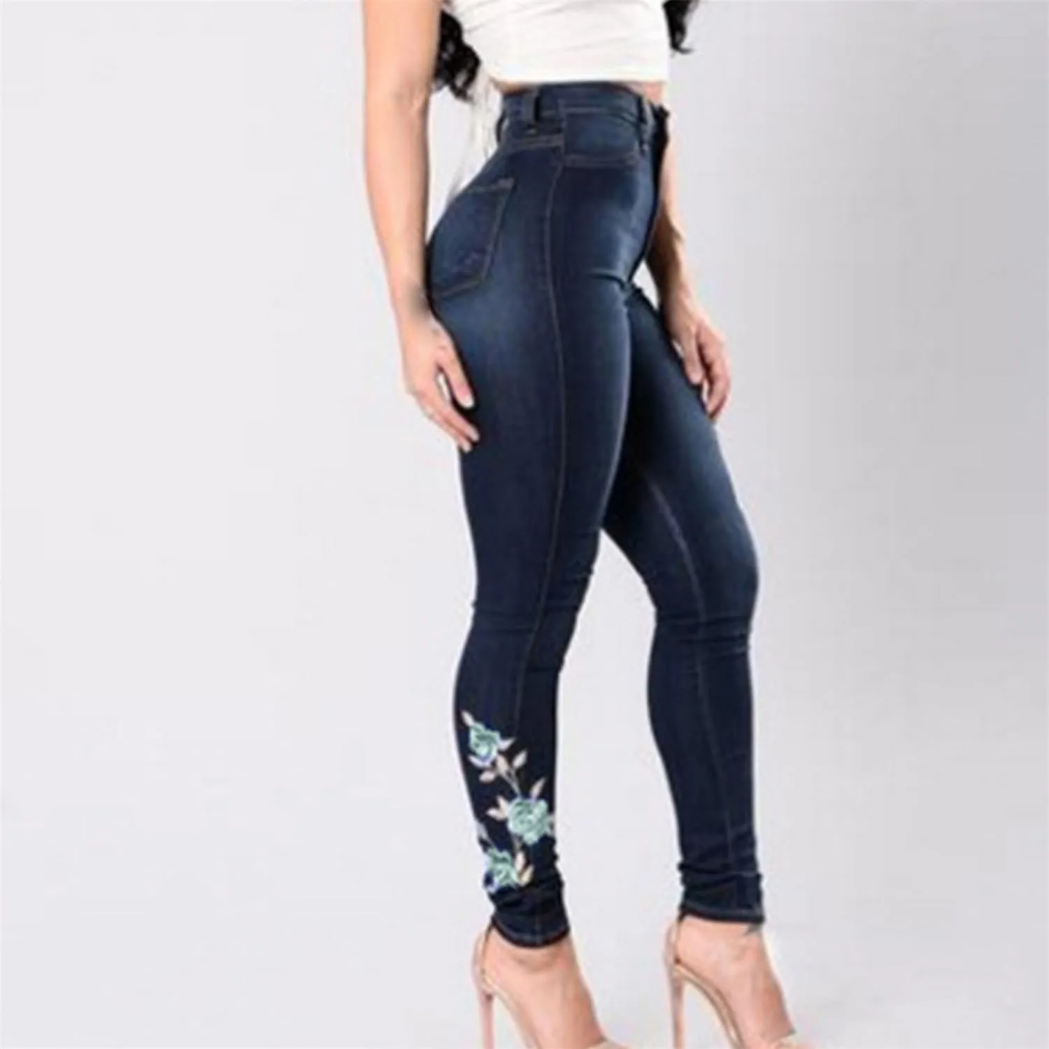 Andongnywell Women High Waist Stretch Jeans Embroidery-Rose Denim Pants Flower Slim Sexy Skinny Butt Lift Jegging Trousers