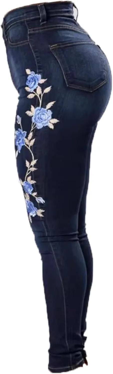 Andongnywell Women High Waist Stretch Jeans Embroidery-Rose Denim Pants Flower Slim Sexy Skinny Butt Lift Jegging Trousers