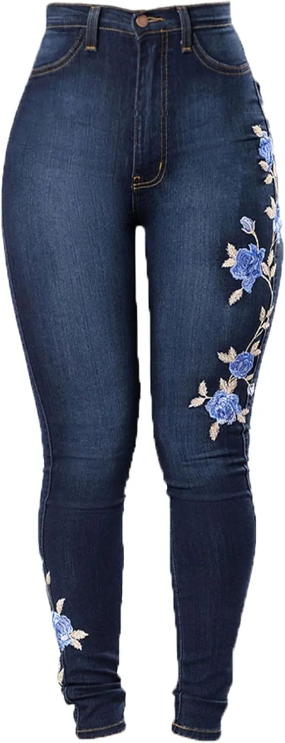 Andongnywell Women High Waist Stretch Jeans Embroidery-Rose Denim Pants Flower Slim Sexy Skinny Butt Lift Jegging Trousers