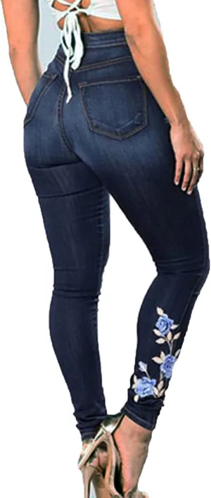Andongnywell Women High Waist Stretch Jeans Embroidery-Rose Denim Pants Flower Slim Sexy Skinny Butt Lift Jegging Trousers