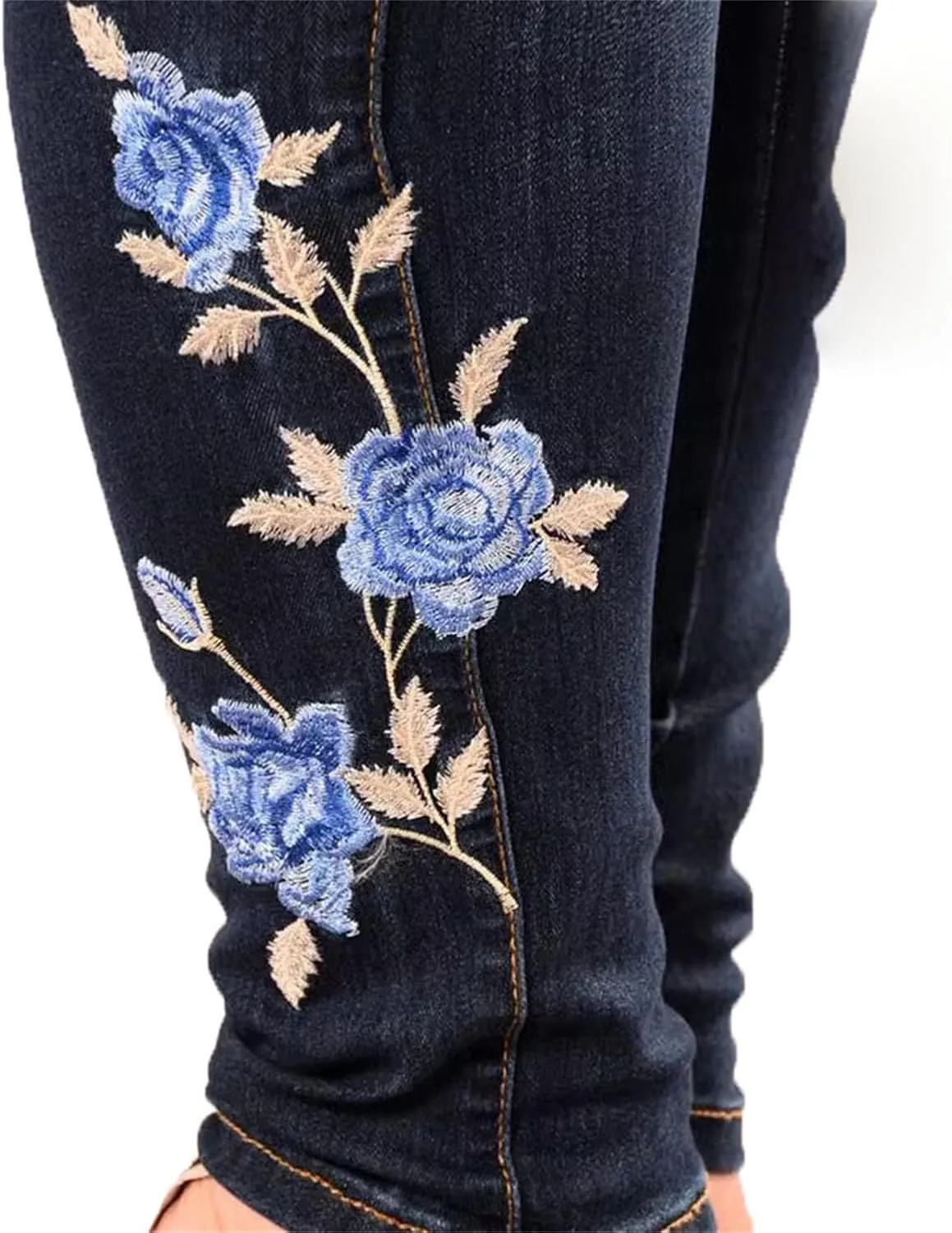 Andongnywell Women High Waist Stretch Jeans Embroidery-Rose Denim Pants Flower Slim Sexy Skinny Butt Lift Jegging Trousers