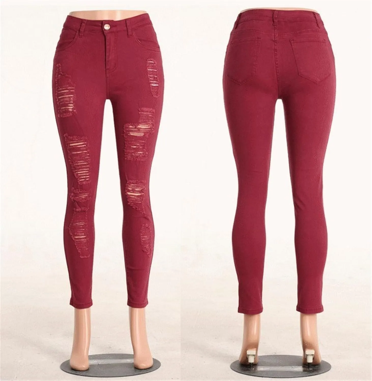 Andongnywell Women Sexy Ripped Hole Skinny Jeans Distressed Trousers High Waisted Slim Fit Stretch Denim Pants