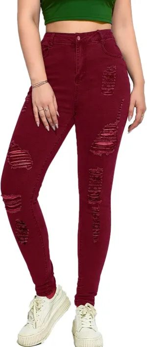 Andongnywell Women Sexy Ripped Hole Skinny Jeans Distressed Trousers High Waisted Slim Fit Stretch Denim Pants