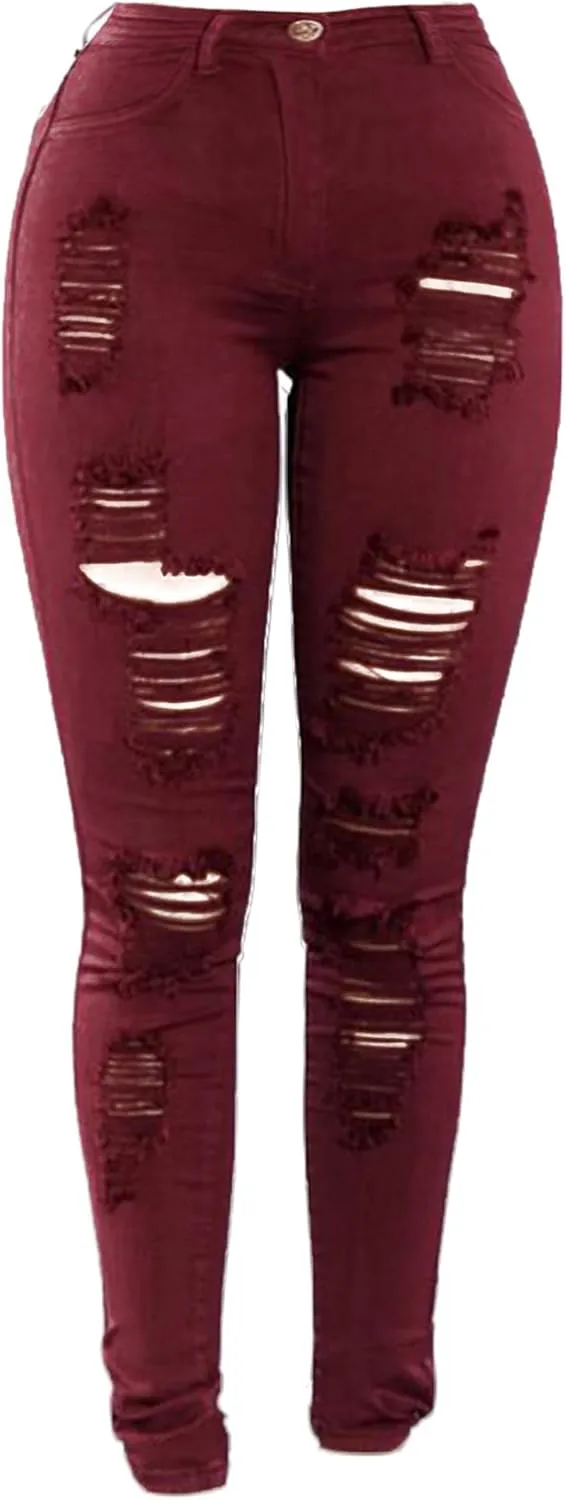 Andongnywell Women Sexy Ripped Hole Skinny Jeans Distressed Trousers High Waisted Slim Fit Stretch Denim Pants