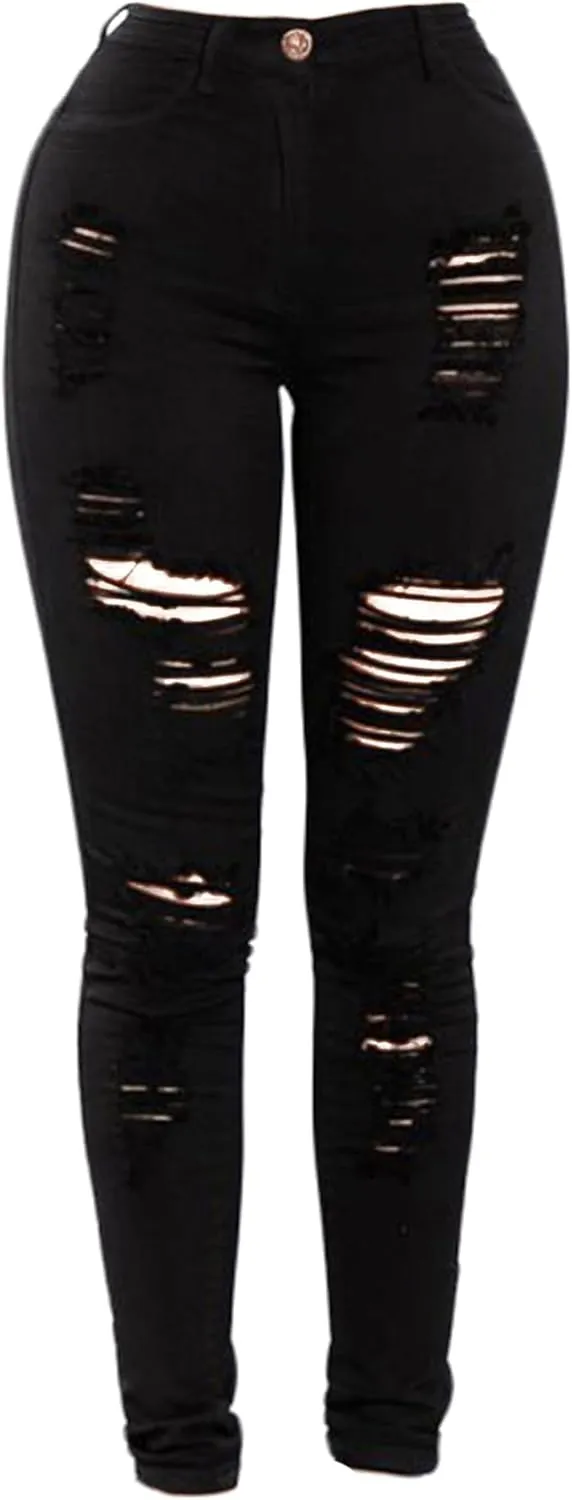 Andongnywell Women Sexy Ripped Hole Skinny Jeans Distressed Trousers High Waisted Slim Fit Stretch Denim Pants