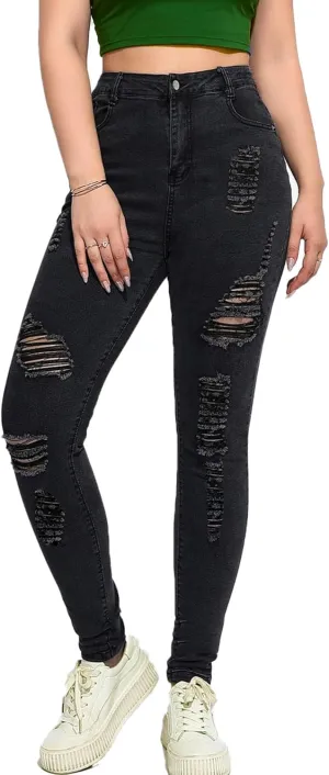 Andongnywell Women Sexy Ripped Hole Skinny Jeans Distressed Trousers High Waisted Slim Fit Stretch Denim Pants