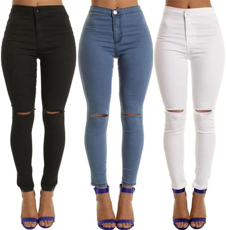 Andongnywell Women Slit Knee High Waisted Jeans Ripped Knee High Waist Skinny Jean Slim Stretch Pencil Pants Jegging