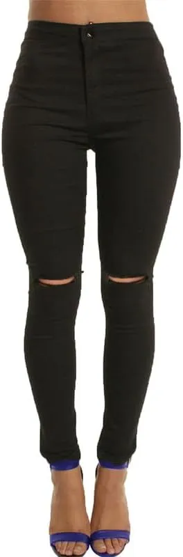 Andongnywell Women Slit Knee High Waisted Jeans Ripped Knee High Waist Skinny Jean Slim Stretch Pencil Pants Jegging