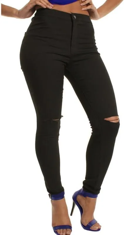 Andongnywell Women Slit Knee High Waisted Jeans Ripped Knee High Waist Skinny Jean Slim Stretch Pencil Pants Jegging