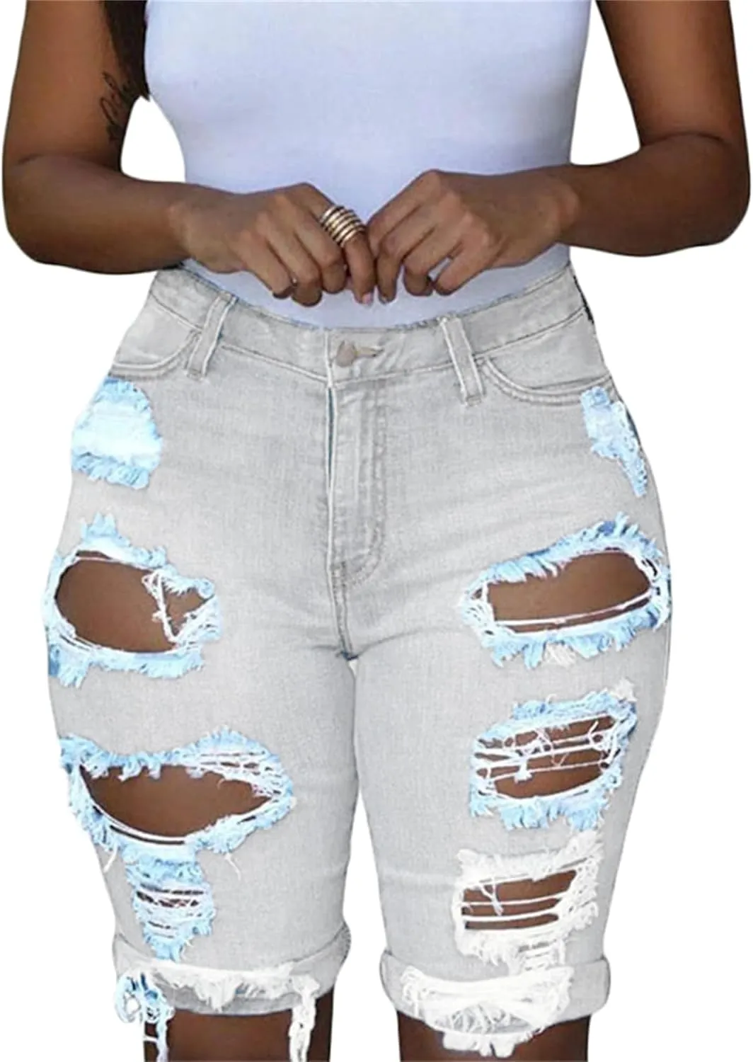 Andongnywell Womens High Waisted Casual Ripped Frayed Jean Shorts Juniors Raw Hem Distressed Denim Shorts Hot Pants