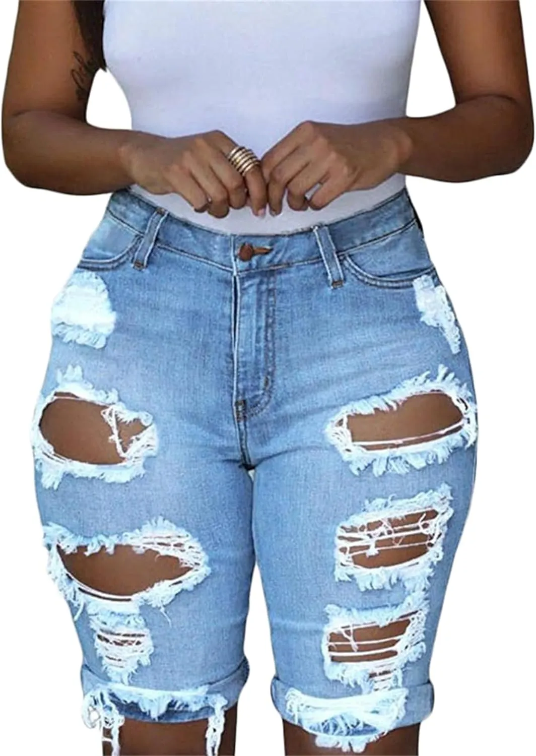 Andongnywell Womens High Waisted Casual Ripped Frayed Jean Shorts Juniors Raw Hem Distressed Denim Shorts Hot Pants