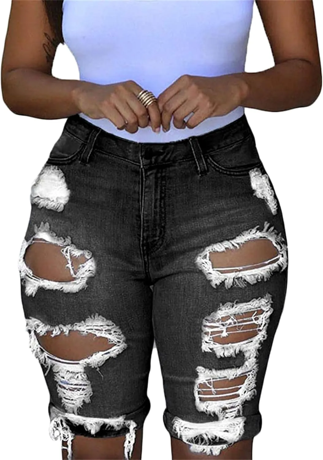Andongnywell Womens High Waisted Casual Ripped Frayed Jean Shorts Juniors Raw Hem Distressed Denim Shorts Hot Pants