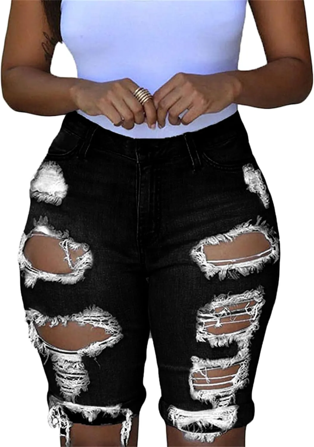 Andongnywell Womens High Waisted Casual Ripped Frayed Jean Shorts Juniors Raw Hem Distressed Denim Shorts Hot Pants