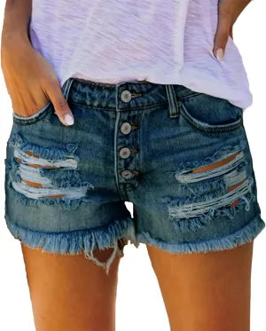 Andongnywell Womens Ripped Frayed Denim Shorts High Waisted Casual Distressed Ripped Shorts Raw Hem Jeans-Shorts