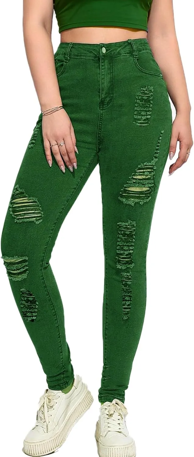 Andongnywell Women's Ripped Hole Jeans High Waisted Slim Fit Stretch Denim Pants Sexy Skinny Jeans Distressed Trousers
