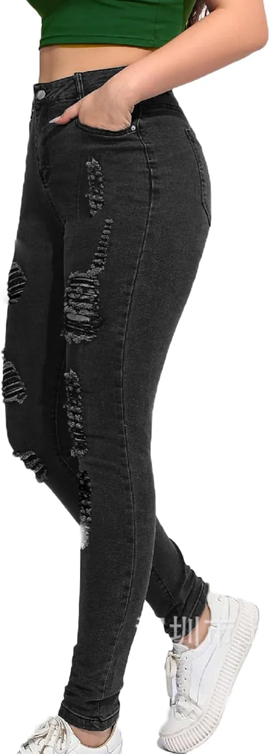Andongnywell Women's Ripped Hole Jeans High Waisted Slim Fit Stretch Denim Pants Sexy Skinny Jeans Distressed Trousers