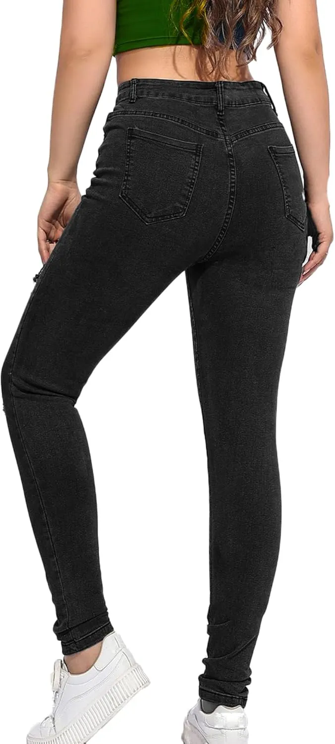 Andongnywell Women's Ripped Hole Jeans High Waisted Slim Fit Stretch Denim Pants Sexy Skinny Jeans Distressed Trousers