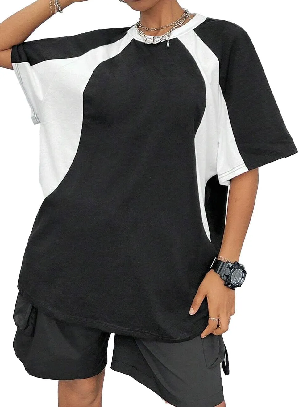 Avanova Women Raglan Color Block Short Sleeve Top Tee Oversized Loose Fit T Shirts
