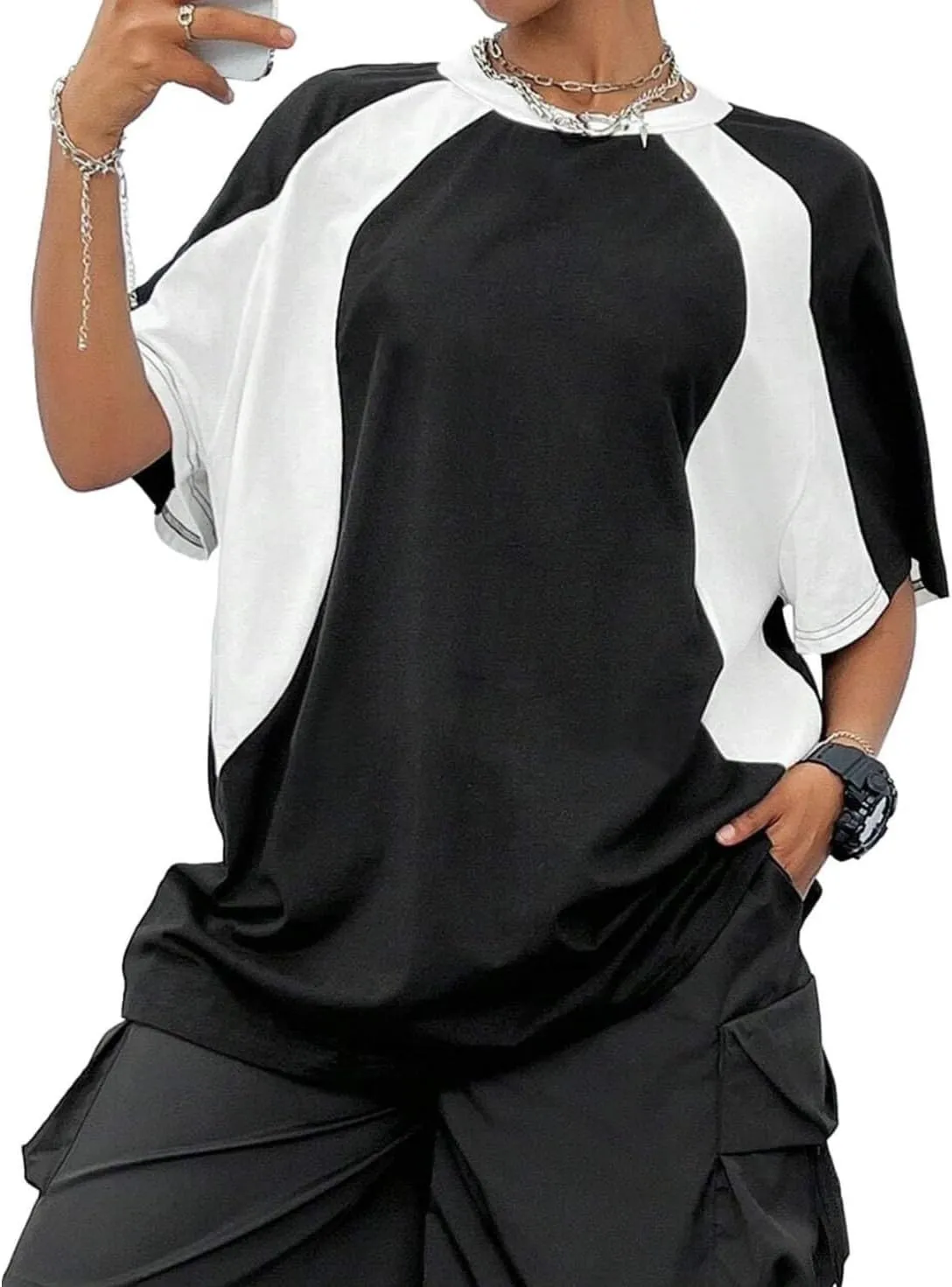 Avanova Women Raglan Color Block Short Sleeve Top Tee Oversized Loose Fit T Shirts