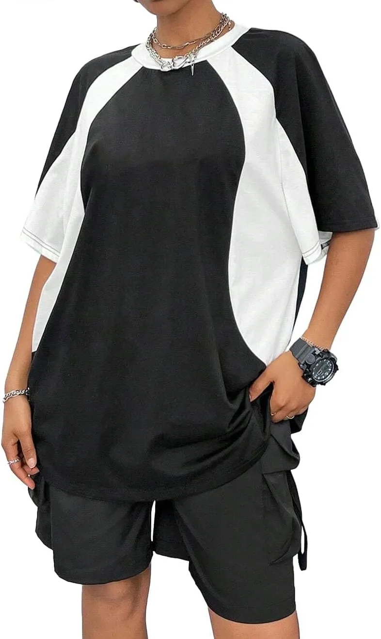 Avanova Women Raglan Color Block Short Sleeve Top Tee Oversized Loose Fit T Shirts