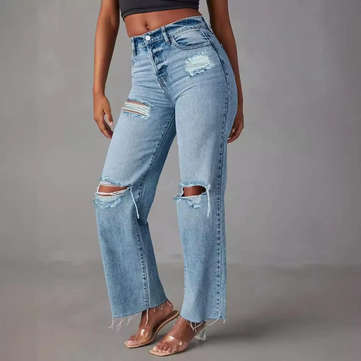 Barrel Jeans for Women Trendy High Waisted Stretch Ripped Jeans Baggy Wide Leg Bootcut Straight Leg Casual Denim Pant