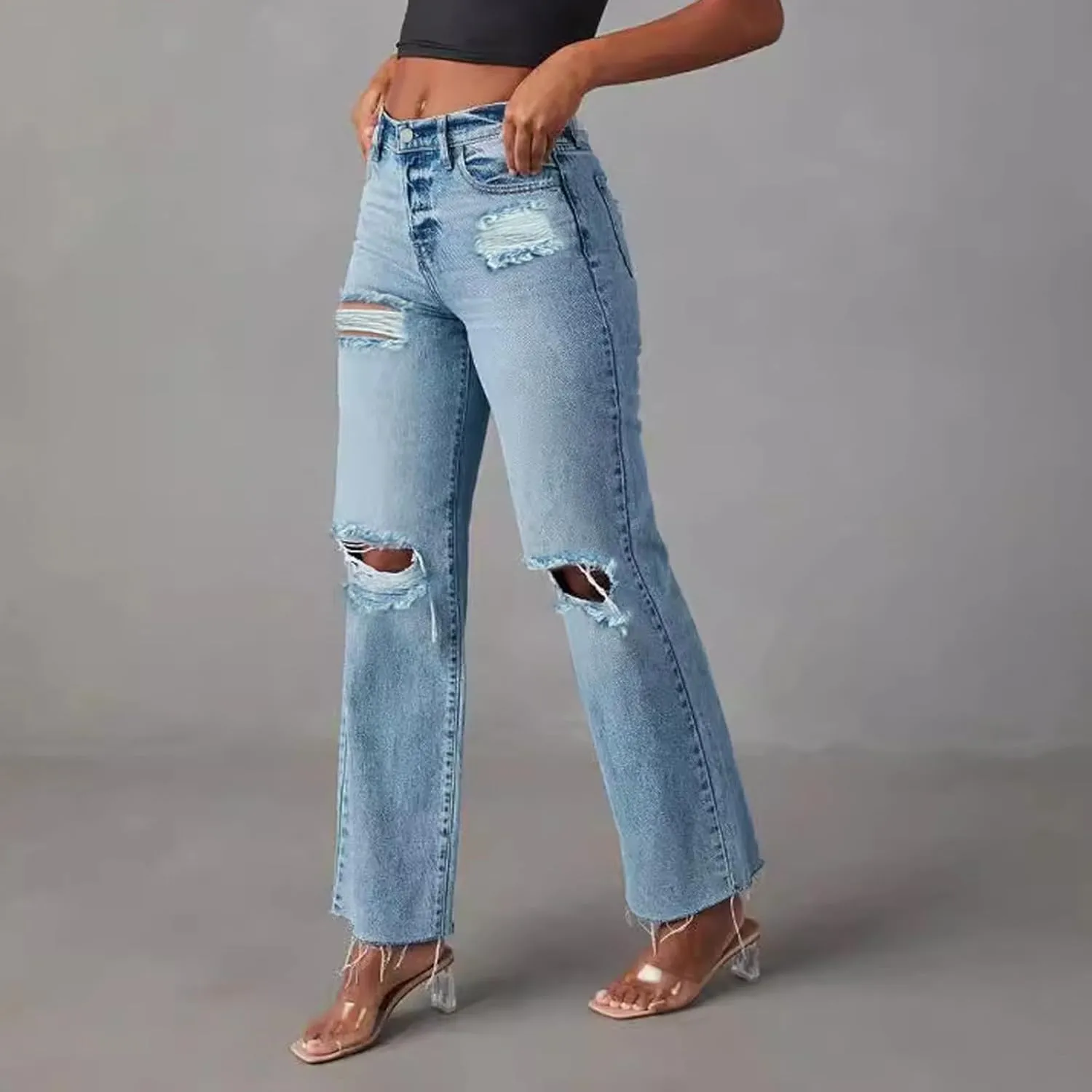 Barrel Jeans for Women Trendy High Waisted Stretch Ripped Jeans Baggy Wide Leg Bootcut Straight Leg Casual Denim Pant
