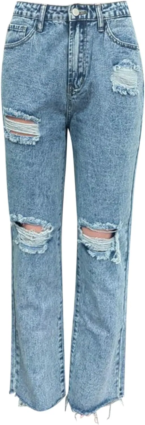 Barrel Jeans for Women Trendy High Waisted Stretch Ripped Jeans Baggy Wide Leg Bootcut Straight Leg Casual Denim Pant