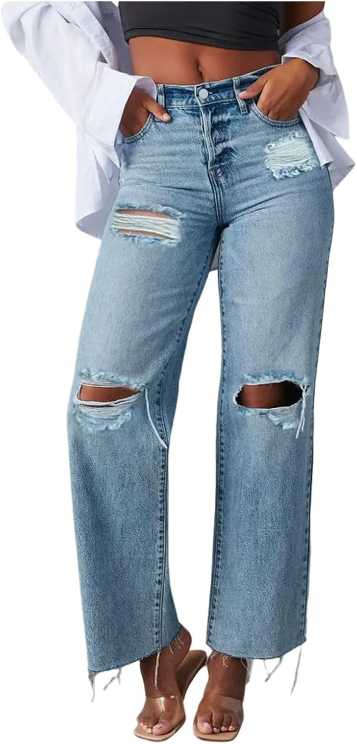 Barrel Jeans for Women Trendy High Waisted Stretch Ripped Jeans Baggy Wide Leg Bootcut Straight Leg Casual Denim Pant