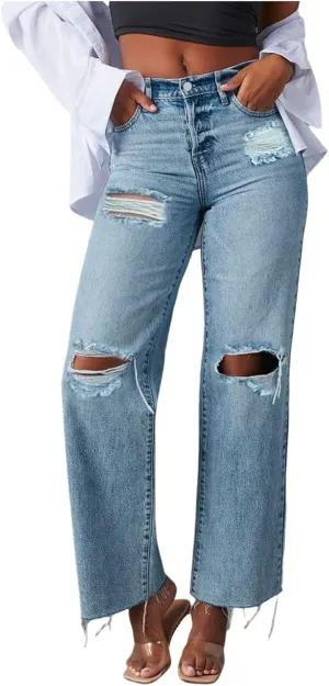 Barrel Jeans for Women Trendy High Waisted Stretch Ripped Jeans Baggy Wide Leg Bootcut Straight Leg Casual Denim Pant