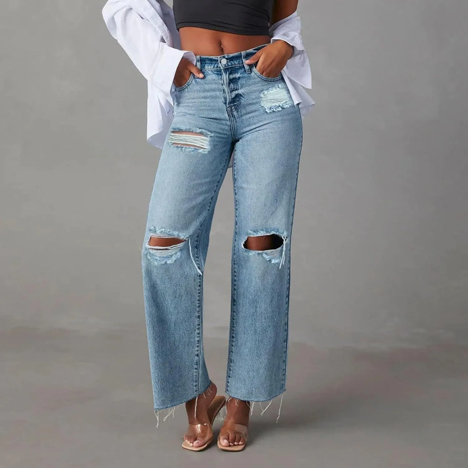 Barrel Jeans for Women Trendy High Waisted Stretch Ripped Jeans Baggy Wide Leg Bootcut Straight Leg Casual Denim Pant