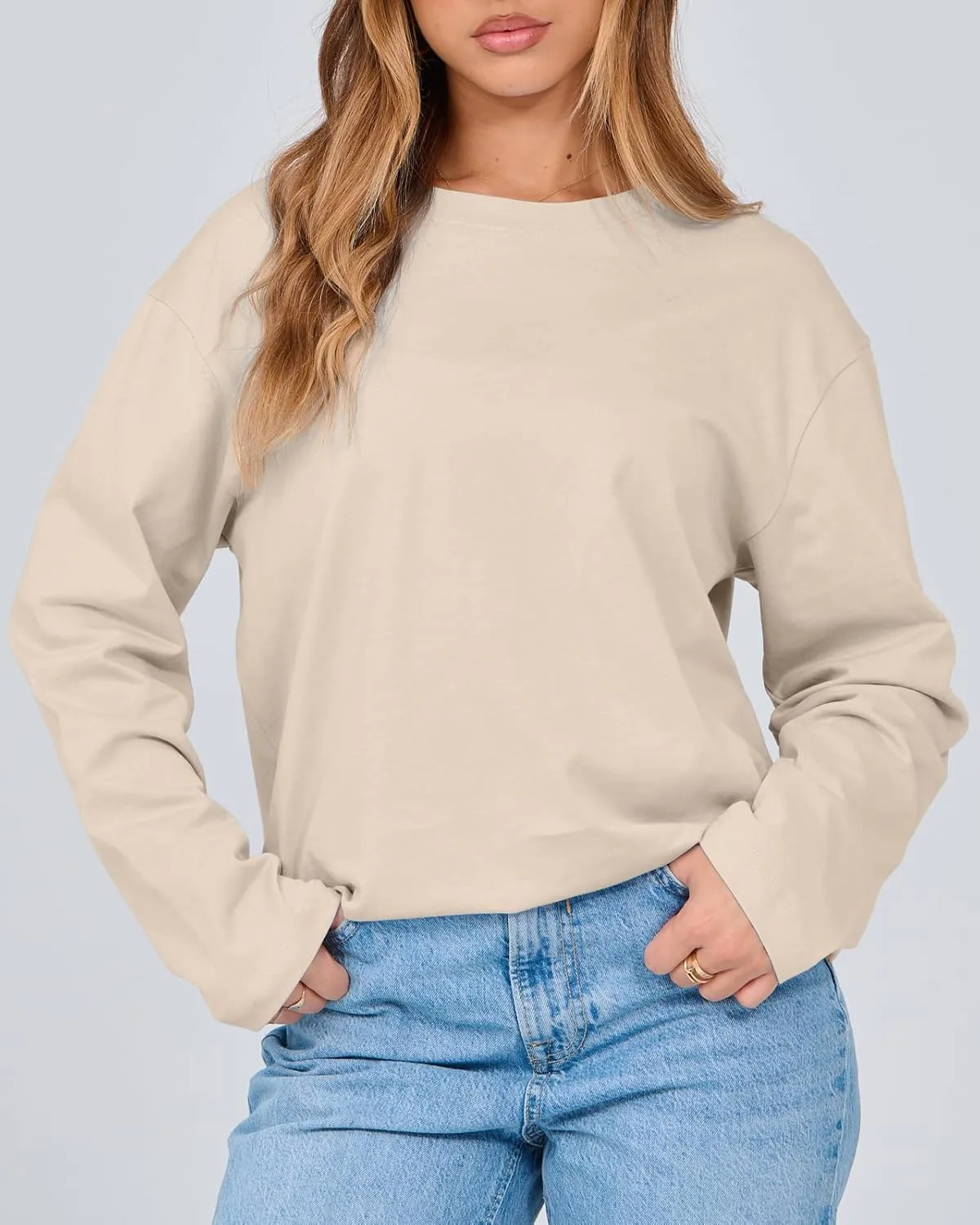 Beumissy Women's Oversized Loose Fit T Shirts Crewneck Long Sleeve Casual Basic Tee