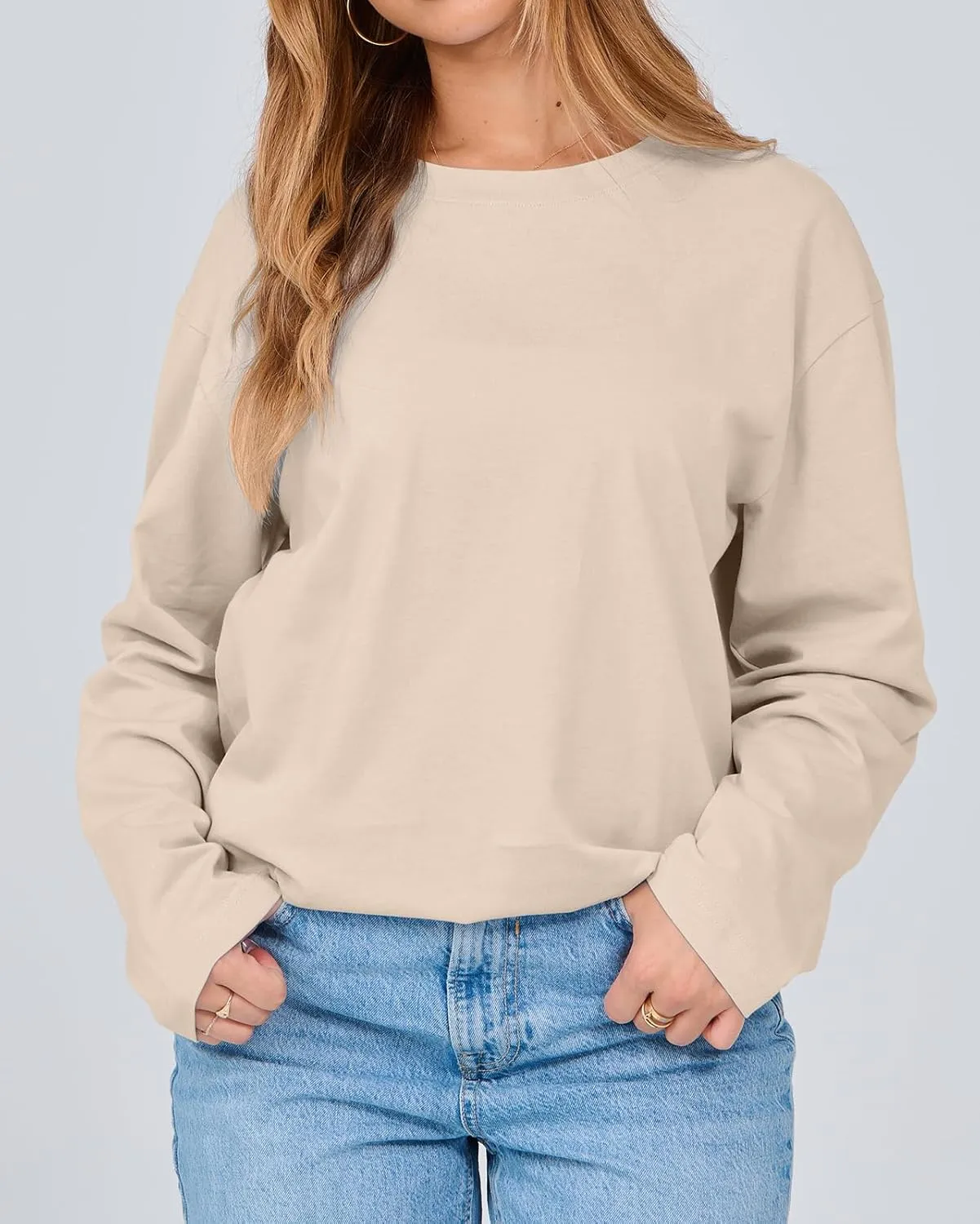 Beumissy Women's Oversized Loose Fit T Shirts Crewneck Long Sleeve Casual Basic Tee