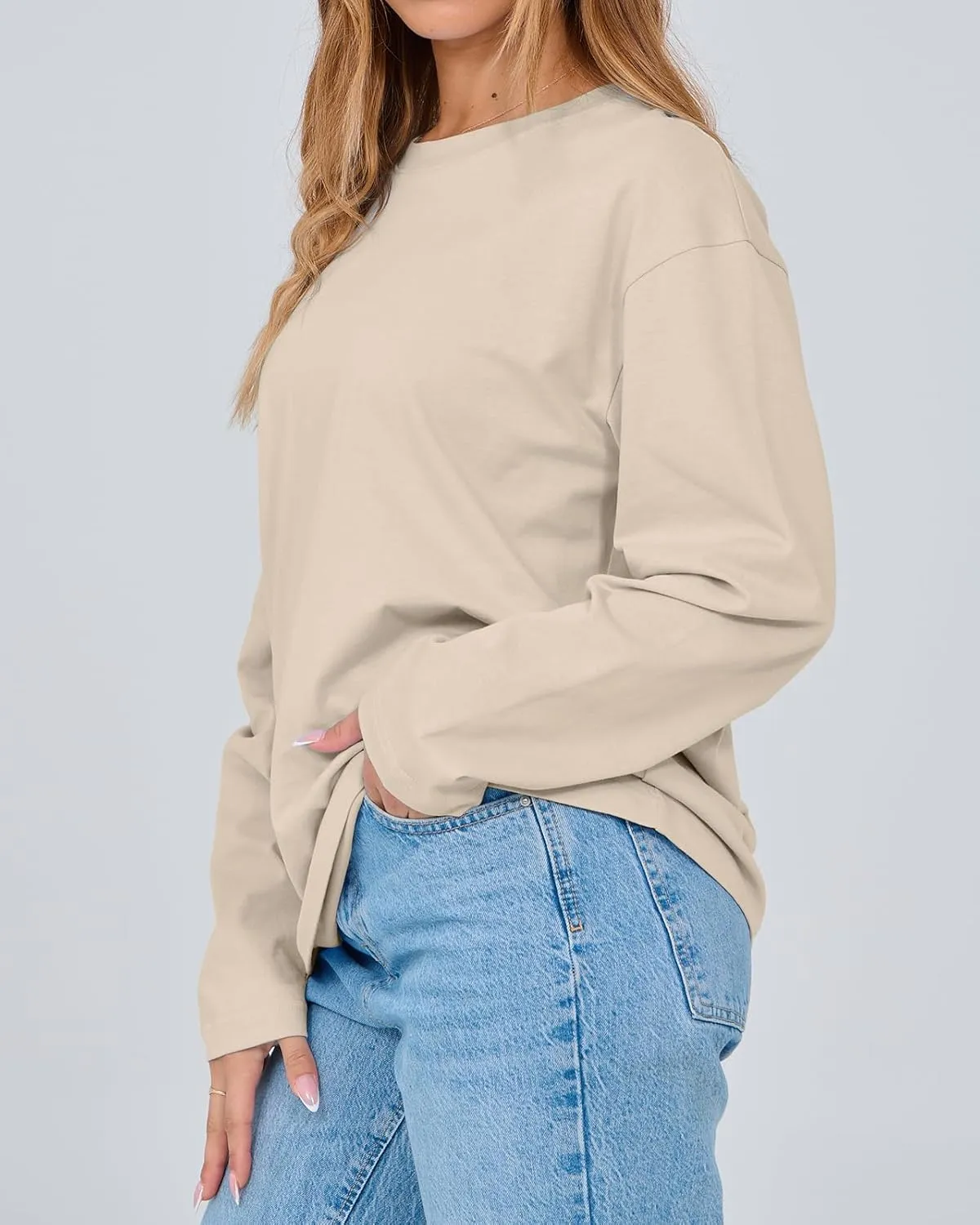 Beumissy Women's Oversized Loose Fit T Shirts Crewneck Long Sleeve Casual Basic Tee