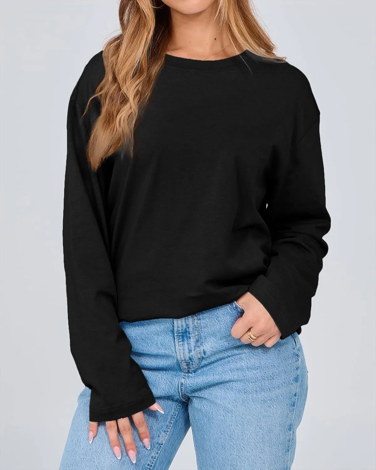 Beumissy Women's Oversized Loose Fit T Shirts Crewneck Long Sleeve Casual Basic Tee