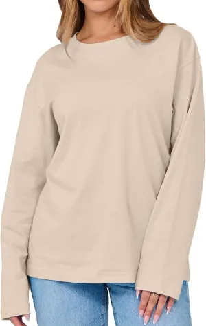 Beumissy Women's Oversized Loose Fit T Shirts Crewneck Long Sleeve Casual Basic Tee